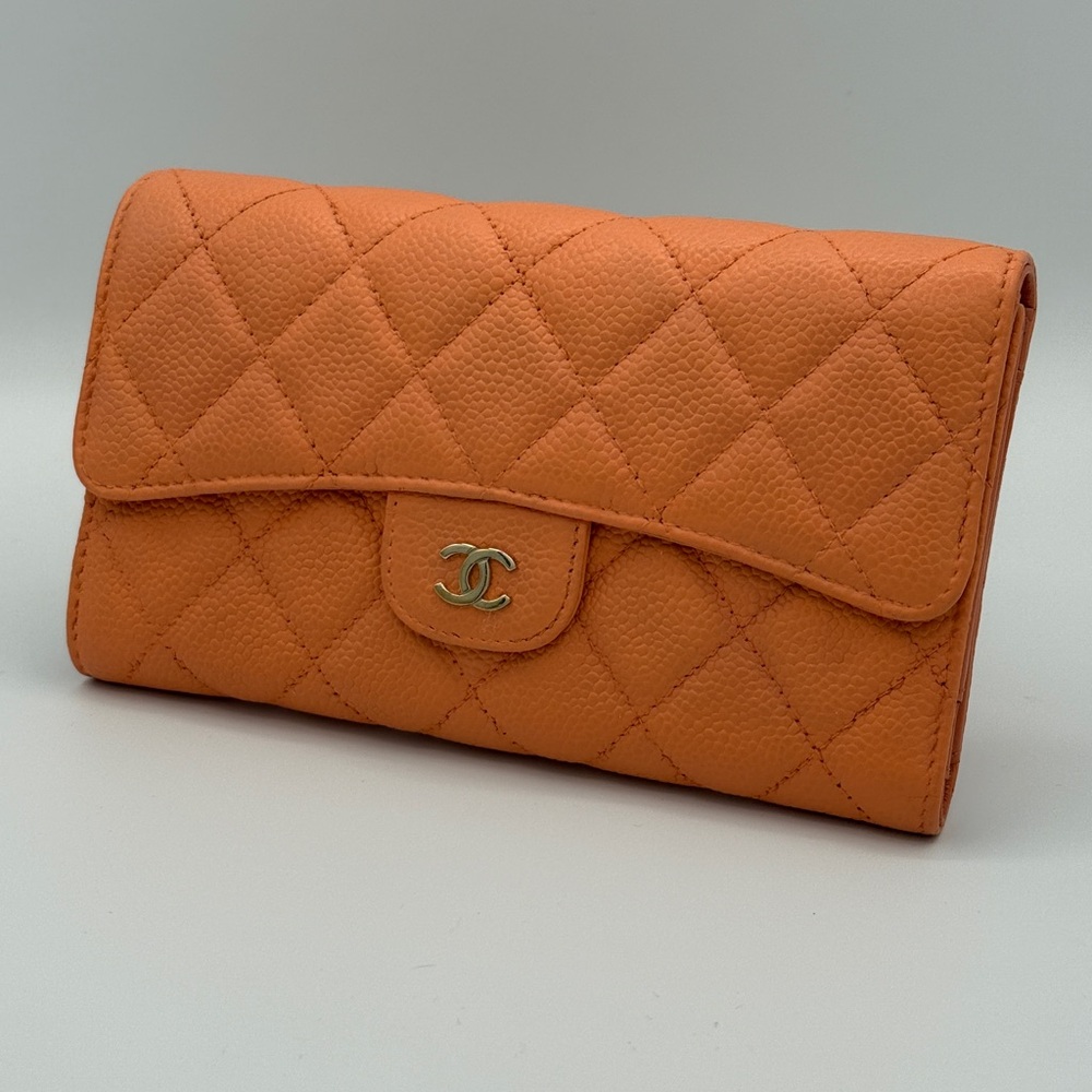 CHANEL Matelasse Caviar Skin Long Wallet Coral Color